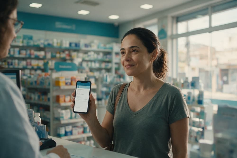 Mulher apresentando a receita digital no celular no balcão da farmácia